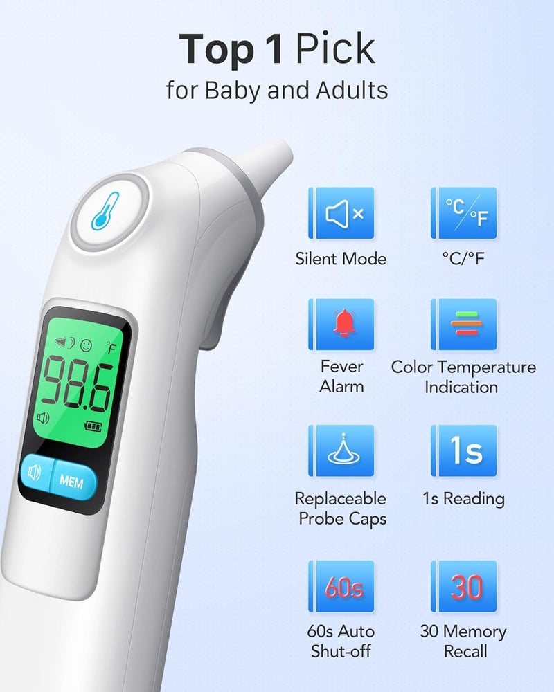 Femometer Ear Thermometer, Highly Accurate Ear Thermometer for Kids, Adults and Babies, 30 Memory Recall, 1s Result and 3-Color Fever Alert, with 24 Disposable Probe Covers, White - Image 2